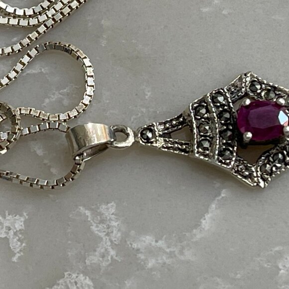 Vtg. Solid 925 Marcasite Pendant w Natural Ruby on a Solid Sterling Box Chain - Picture 5 of 16